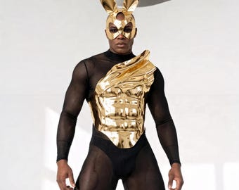 Golden Bunny Outfit, Chest Plate Armor & Rabbit Mask, Men's Stage Costume