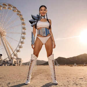Rave Cosmic Warrior Outfit - Metallic Festival Costume for Women, Silver Leather Shoulder Bracelet Belt, Futuristic Female Armor Set