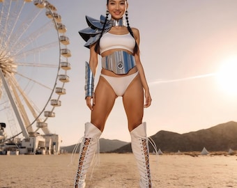 Traje de guerrera cósmica rave: disfraz de festival metálico para mujer, brazalete de cuero plateado y cinturón, conjunto de armadura futurista femenina.
