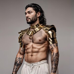 Pharaoh Armor Costume – Golden Warrior Top, Egyptian God Cosplay, Men's Festival Outfit, Gold Leather Shoulders image 8
