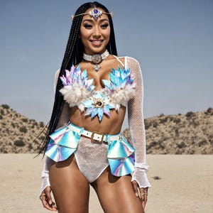 Holographic Feathers Rave Outfit - Shimmering Festival Clothing for Women, Iridescent Leather Top & Skirt, Music Party Costume Set