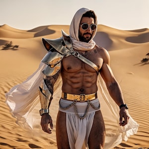 Golden Warrior Outfit - Men&#39;s Dune Wear, Gold Metallic Festival Costume, Leather Shoulder & Arm Covers, Futuristic Male Armor