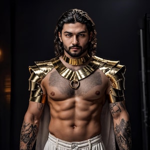 May include: A metallic gold collar and shoulder armor set featuring a layered, segmented design with a central circular ring pendant. The piece is constructed from polished gold-toned plates that cover the collarbone and extend over the shoulders.