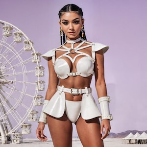 White Leather Rave Outfit - Festival Costume for Women, White Latex Top with Shoulders & Skirt, Futuristic Female Armor Set, Festival Latex