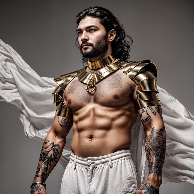 May include: A gold-colored metal collar and matching shoulder armor set featuring layered plates and a central ring detail. The armor is paired with a flowing white cape and white trousers, creating a structured look with metallic accents.
