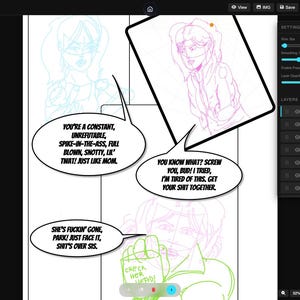 Könnte beinhalten: Digitale Comic-Seite in Arbeit, mit Strichzeichnungen von zwei Frauen in einem Gespräch. Sprechblasen enthalten Text mit starker Sprache. Die Benutzeroberfläche eines Vektorgrafikprogramms ist sichtbar.