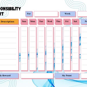 Bearbeitbares Haushaltsdiagramm zum Ausdrucken für Kinder und Familie. Wochenplan für die Hausarbeit, für Kinder & Erwachsene. Auf Canva personalisieren und sofort herunterladen