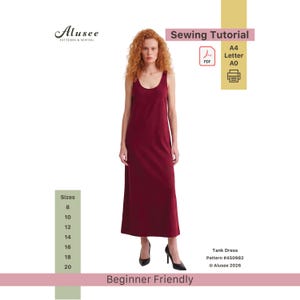 May include: A maroon tank dress with a scoop neckline and a floor-length hem. The image includes text reading Alusee Patterns & Sewing, Sewing Tutorial, Tank Dress, Pattern #450982, Alusee 2026, Beginner Friendly, and a list of sizes 8 through 20.