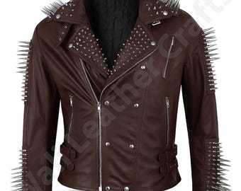 メンズ スパイク スタッズ ブラック レザージャケット ブランド フル