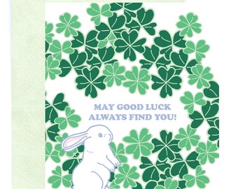 Good Luck Bunny in Clovers Greeting Card