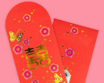 Double Happiness Plum Flower Gold Foiled Plum Red Envelopes, HongBao 紅包, Red Pockets for Luck and Blessings at Weddings