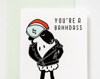 You're Bahhdass (Badass) Sheep Congratulations Card with Black Foil Leather Jacket Detail