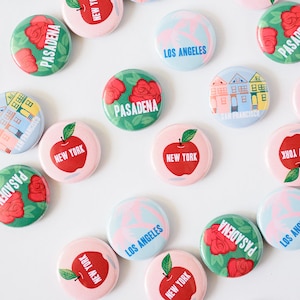 Ilootpaperie Set of 4 City Pinback Buttons Mix and Match, Los Angeles, New York, San Francisco and Pasadena image 1
