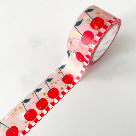 Cherry Bomb Diggity Gold Foil Washi Tape, Pattern Paper Tape, Gift Wrap, Stocking Stuffer, Kawaii Tape, Planner, Notepad, Gifts