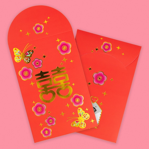 Double Happiness Plum Flower Gold Foiled Plum Red Envelopes, HongBao 紅包, Red Pockets for Luck and Blessings at Weddings