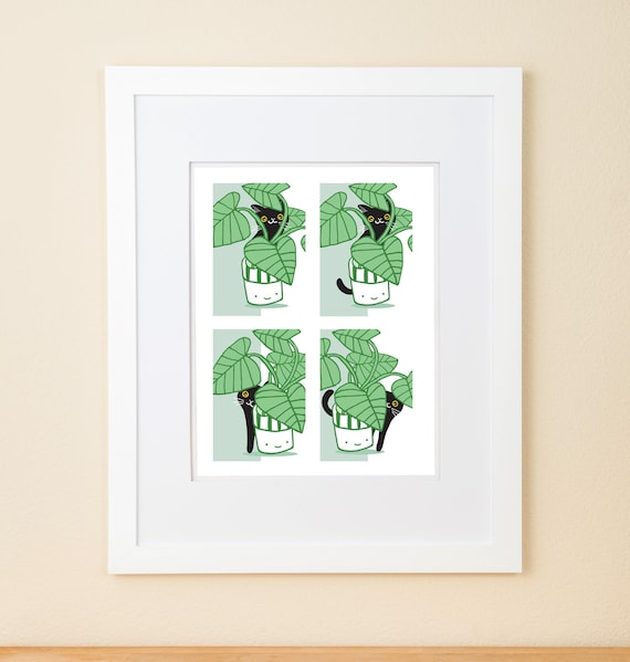 Peek-A-Boo Black Cats in Plants Art Print 11 x 14"