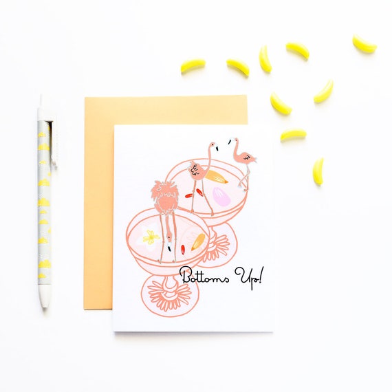 Bottoms Up Flamingo Cocktail Congratulations Celebratory Greeting Card