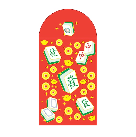 Lucky Mahjong Gold Foiled Red Envelopes, HongBao 紅包, Red Pockets for Year of the Dragon Lunar New Year, Chinese New Year