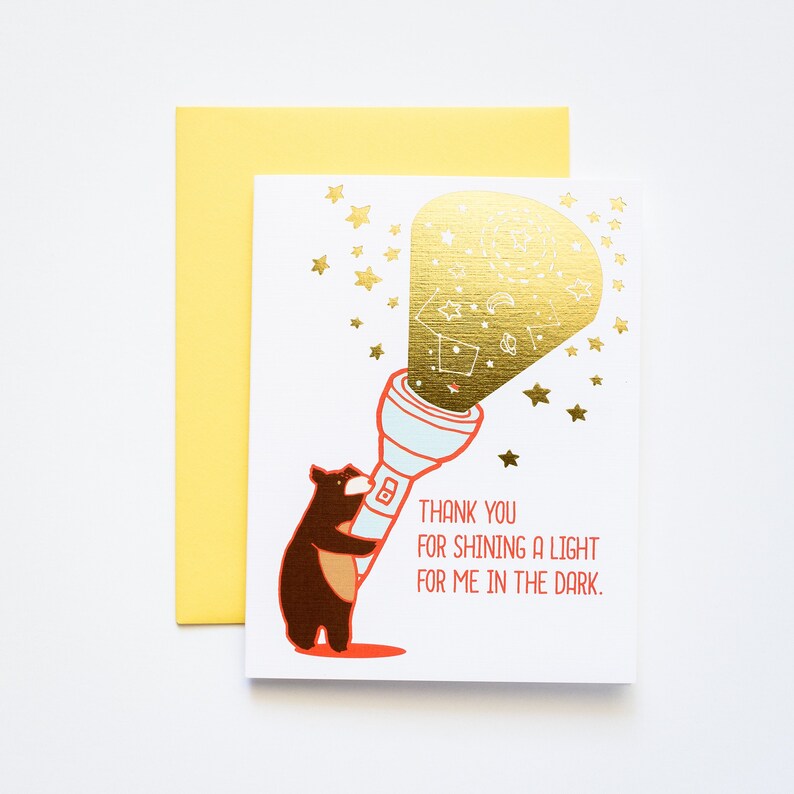 Thank You For Shining A Light in the Dark Bear with Flashlight Gold Foil Greeting Card image 1