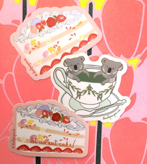 Koala-tea Koalas in a Tea Cup with Two Slices of Cake Sticker Set of 3