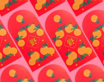 Happy Oranges Gold Foiled Red Envelopes, HongBao 紅包, Red Pockets for Year of the Dragon Lunar New Year, Chinese New Year