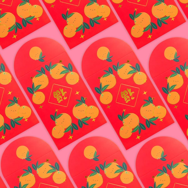 Happy Oranges Gold Foiled Red Envelopes, HongBao 紅包, Red Pockets for Year of the Dragon Lunar New Year, Chinese New Year