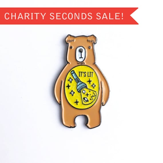 CHARITY SECONDS SALE ** New It's Lit Camp Flashlight In The Belly - Glow in the Dark Bear Enamel Pin