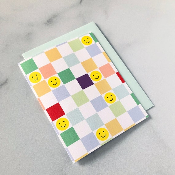 Checkered Happy Face (Blank Inside) Greeting Card