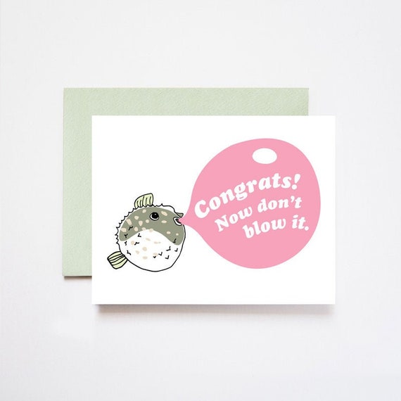 Snarky Congrats and Don't Blow It Blowfish Bubble Gum Pink Foil Greeting Card