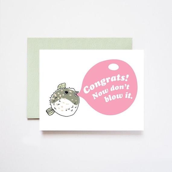 Snarky Congrats and Don't Blow It Blowfish Bubble Gum Pink Foil Greeting Card