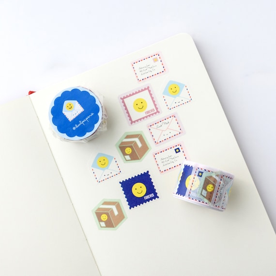 Happy Face Snail Mail Parade Overlap Washi Tape, Pattern Paper Tape, Gift Wrap, Stocking Stuffer, Kawaii Tape, Journal, Planner, Notepad