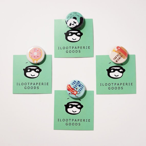 Ilootpaperie Set of 4 Pinback Buttons - Mix and Match, Grumpy Donut, Panda, Wiener, Bacon