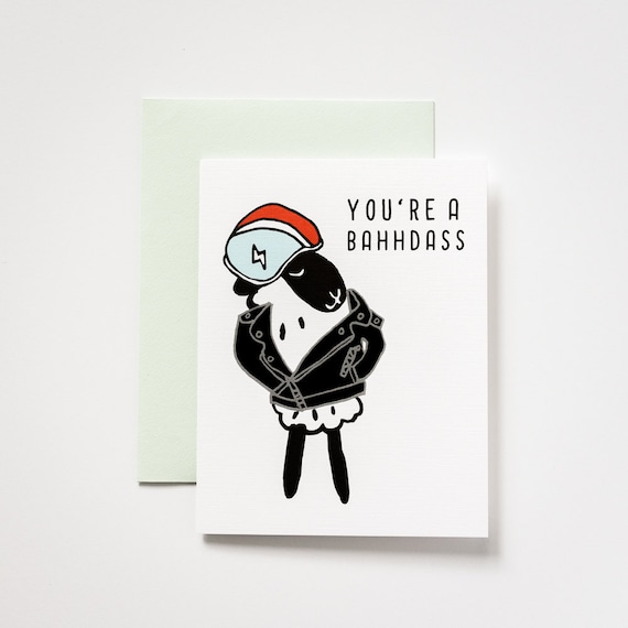 You're Bahhdass (Badass) Sheep Congratulations Card with Black Foil Leather Jacket Detail