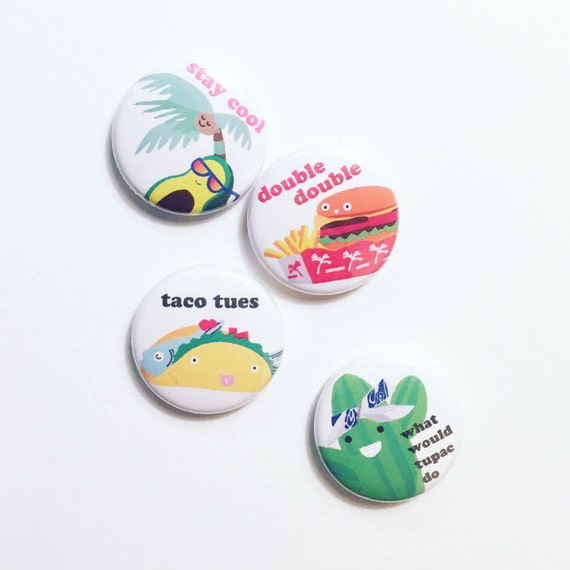 Ilootpaperie Set of 4 California Pinback Buttons - Mix and Match, Taco Tuesday, Tupac Cactus, Stay Cool Palm Tree and Double Double Burger