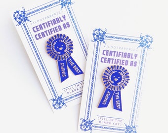 NEW! Simply the Best Blue Ribbon Enamel / Lapel Pin on a Fill in the Blank Backing Card