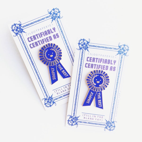 NEW! Simply the Best Blue Ribbon Enamel / Lapel Pin on a Fill in the Blank Backing Card