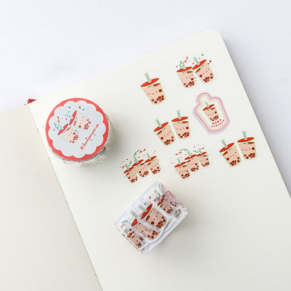 Boba Parade Overlap Washi Tape, Pattern Paper Tape, Gift Wrap, Stocking Stuffer, Kawaii, Journal, Planner, Notepad