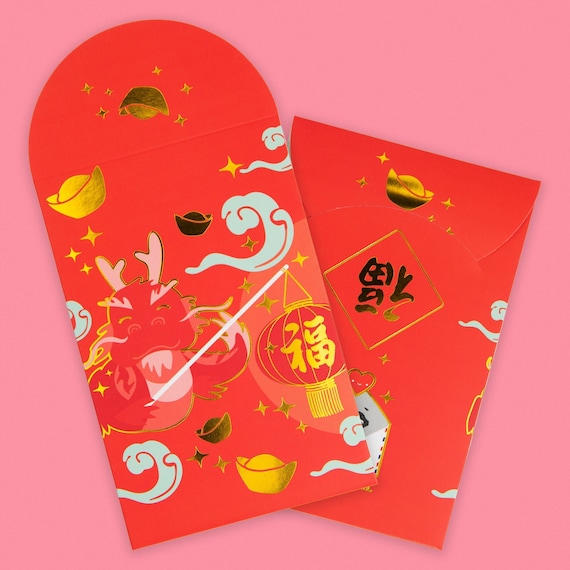 Lucky Dragon Gold Foiled Red Envelopes HongBao 紅包, Red Pockets for Lunar New Year, Chinese New Year