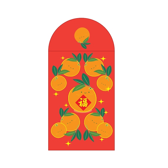 Happy Oranges Gold Foiled Red Envelopes, HongBao 紅包, Red Pockets for Year of the Dragon Lunar New Year, Chinese New Year