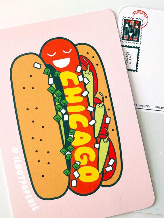Chicago Hot Dog Art Postcard 4" x 6" A6 in Size