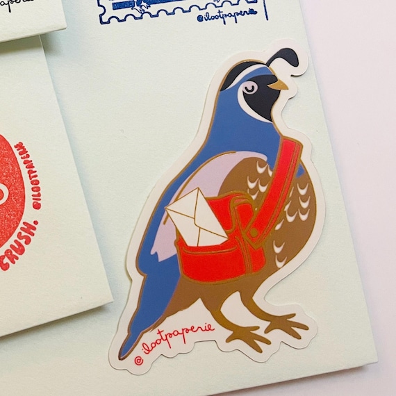 California Quail Mail Glossy Mirror Sticker with Gold Accents