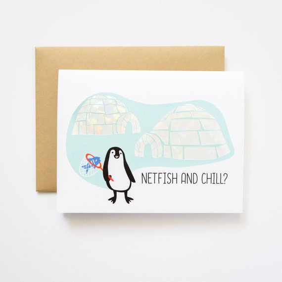 Netflix (Netfish) and Chill Penguin Valentine Holographic Foil Love Greeting Card