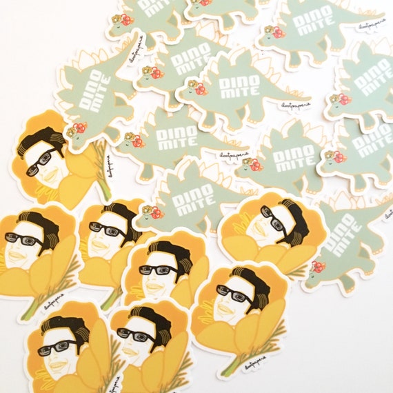 Jurassic Park Inspired Stickers Pack of 3 with Jeff Goldbloom (Goldblum), Stegosaurus (Dino-mite) and a T-Rex (Saury Not Saury)