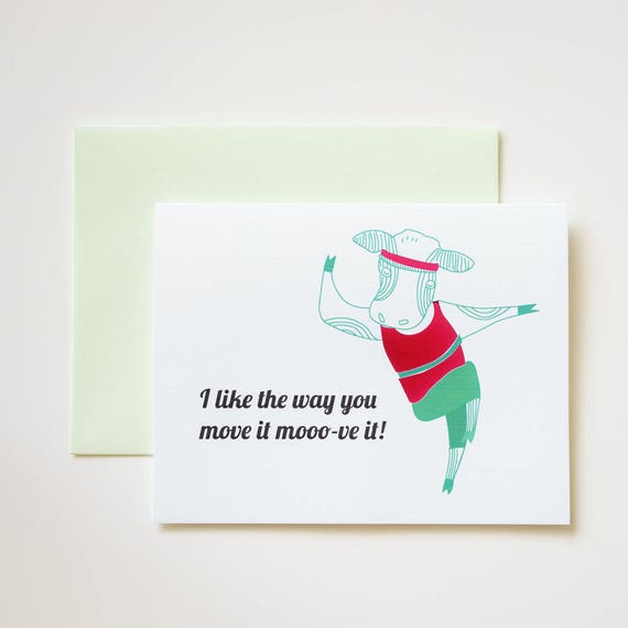 I Like the Way You Moo-ve It 80s Aerobic Cow with Magenta Foil Greeting Card