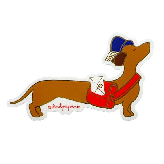 Doxie Delivery Pup Dachshund Mail Glossy Mirror Sticker with Gold Accents