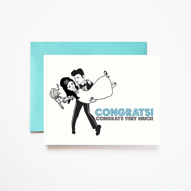 May include: A black and white illustration of a couple dancing. The woman is wearing a dress and the man is holding her. The text "CONGRATS! CONGRATS VERY MUCH" is printed below the couple.
