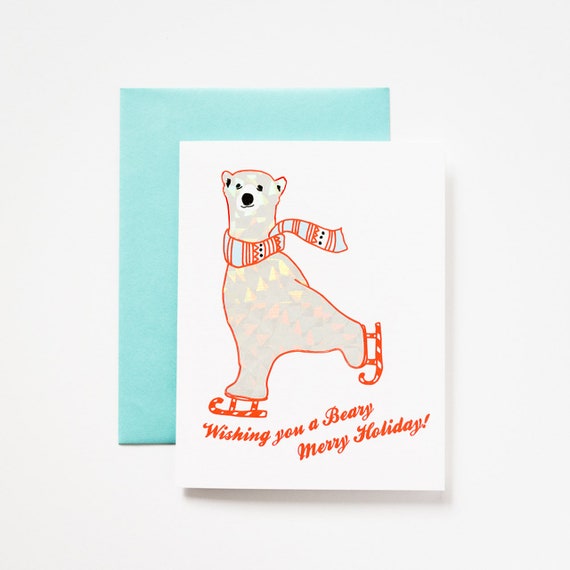 Polar Bear Beary Merry Xmas / Christmas with Holographic Foil Detail Set of 5 Greeting Cards