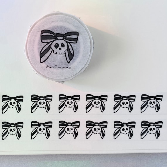 Happy Skulls Black Ribbon White Washi Tape, Pattern Paper Tape, Gift Wrap, Stocking Stuffer, Journal, Planner, Notepad, Holiday, Gifts