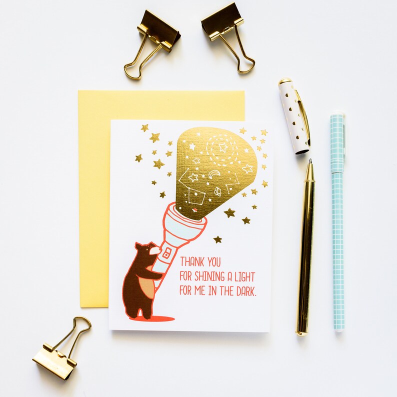 Thank You For Shining A Light in the Dark Bear with Flashlight Gold Foil Greeting Card image 2