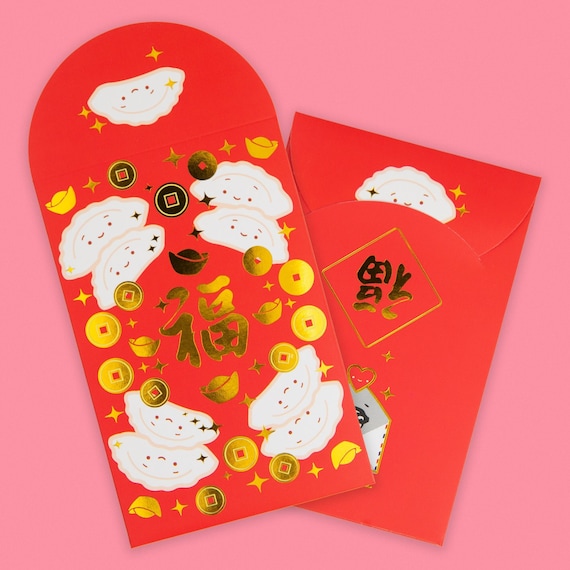 Happy Dumplings Gold Foiled Red Envelopes, HongBao 紅包, Red Pockets for Year of the Dragon Lunar New Year, Chinese New Year